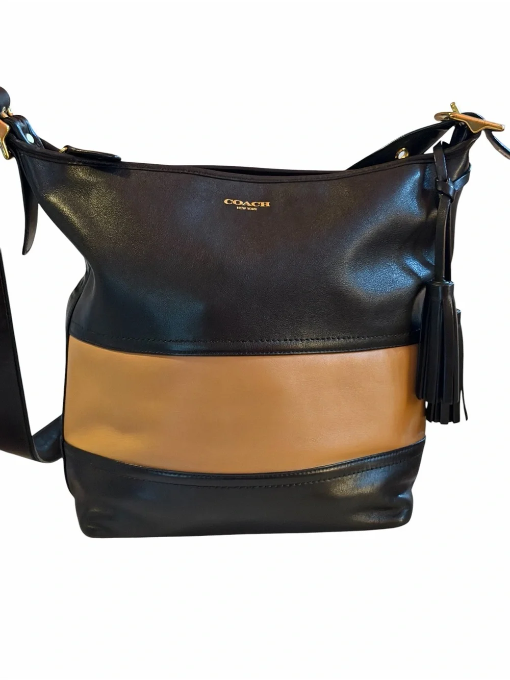 Coach Legacy Leather Colorblock Tassel Shoulder Crossbody Bag Black Tan Large